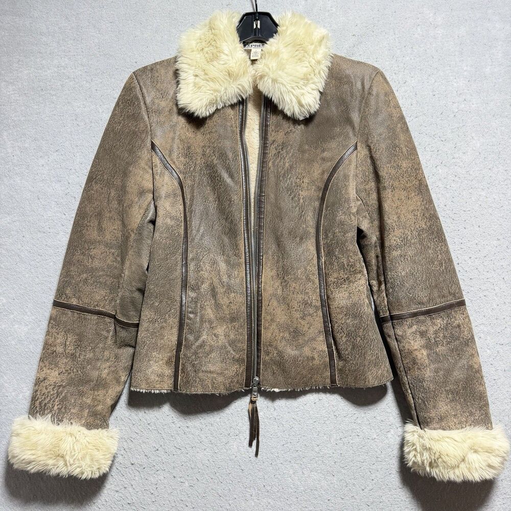 Y2K Vintage Express Distressed Brown Leather Faux Shearling Aviator Jacket Sz 6